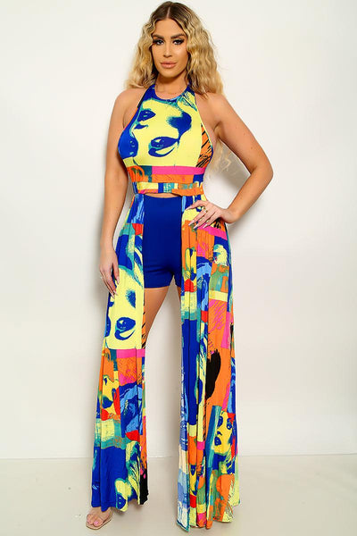 Royal Blue Yellow Halter Maxi Top With Shorts 2 Pc Set - AMIClubwear