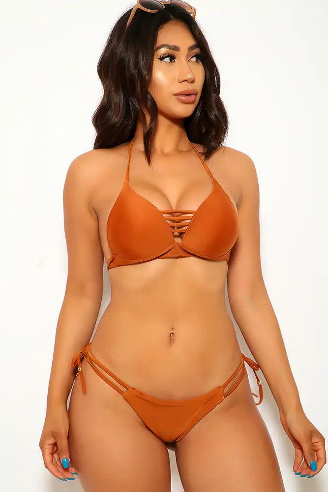Rust Strappy Halter Push Up Two Piece Swimsuit - AMIClubwear