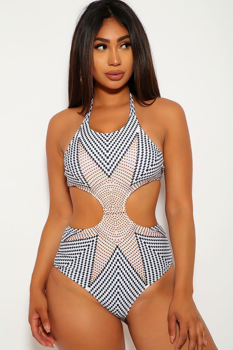 Rust White Black Chevron Cut Out Monokini - AMIClubwear