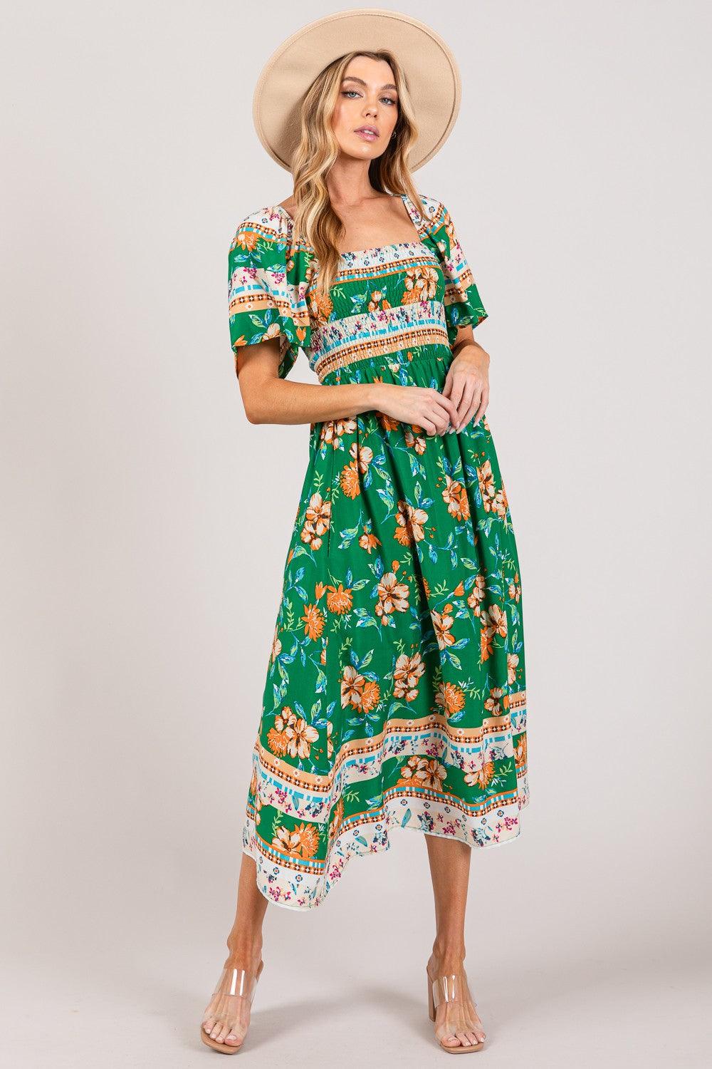 SAGE + FIG Printed Smocked Short Sleeve Midi Dress - AMIClubwear