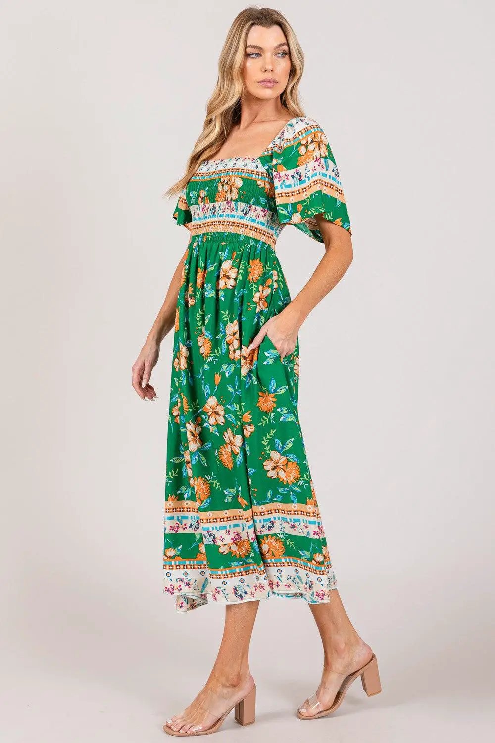 SAGE + FIG Printed Smocked Short Sleeve Midi Dress