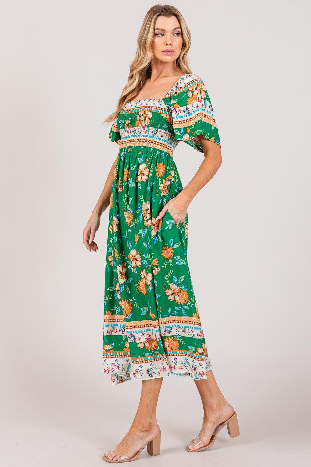 SAGE + FIG Printed Smocked Short Sleeve Midi Dress - AMIClubwear