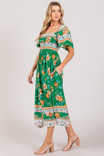 SAGE + FIG Printed Smocked Short Sleeve Midi Dress - AMIClubwear