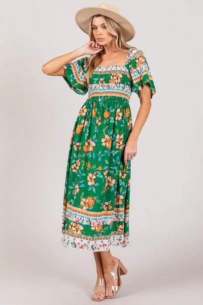 SAGE + FIG Printed Smocked Short Sleeve Midi Dress - AMIClubwear