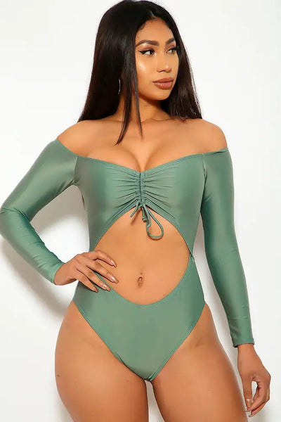 Sage Ruched Off The Shoulder One Piece Swimsuit - AMIClubwear