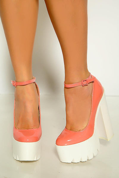 Salmon Patent Leather Ankle Buckle Chunky Platform Heels - AMIClubwear