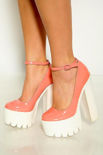 Salmon Patent Leather Ankle Buckle Chunky Platform Heels - AMIClubwear