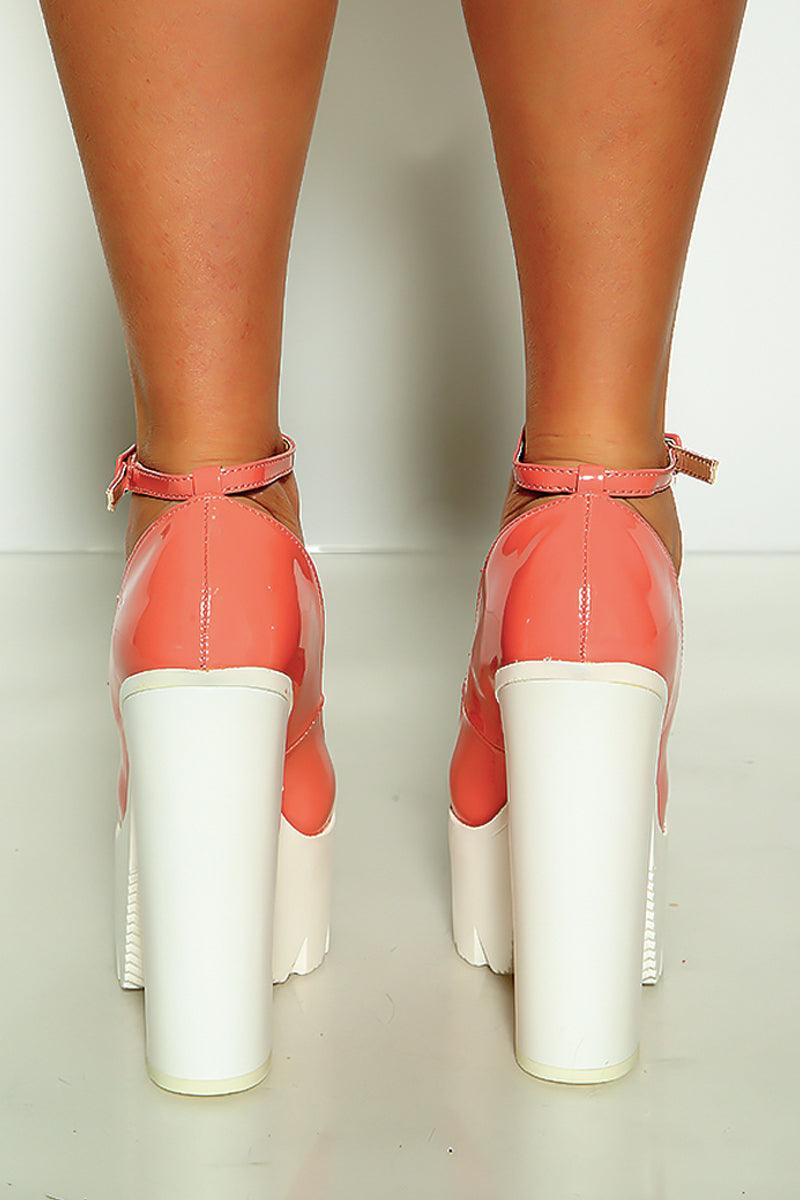 Salmon Patent Leather Ankle Buckle Chunky Platform Heels - AMIClubwear