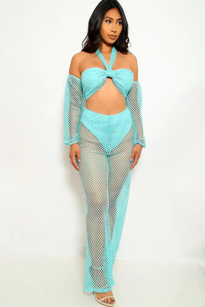 Seafoam Netted Flared Two Piece Outfit - AMIClubwear