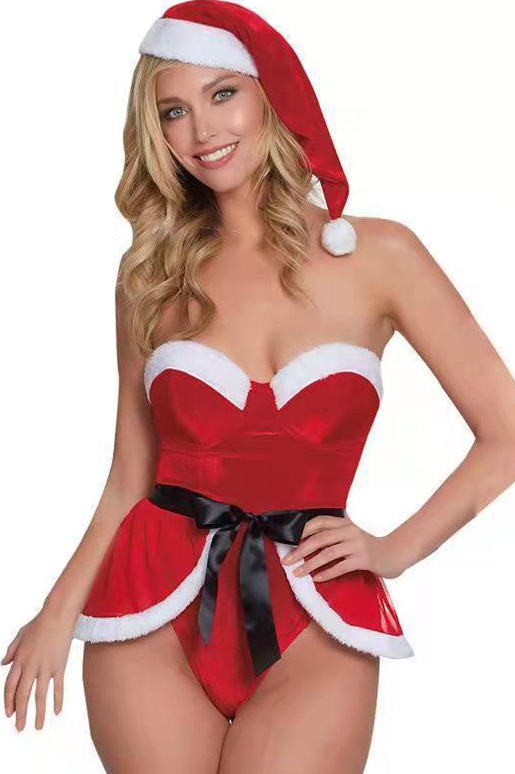 Secret Santa Red Sleeveless Bodysuit Curved Hem 3 Pc Holiday Costume - AMIClubwear