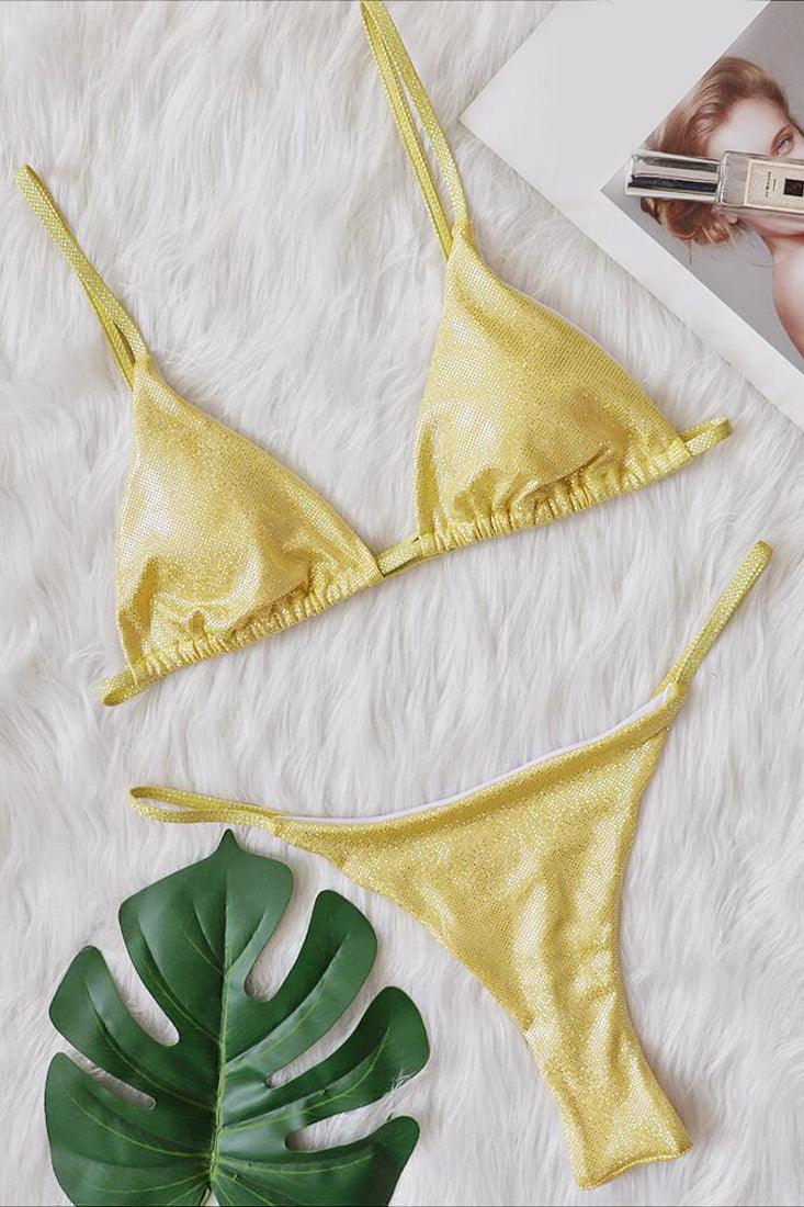 Sexy 2pc Yellow Thong Bikini With Gemstones - AMIClubwear