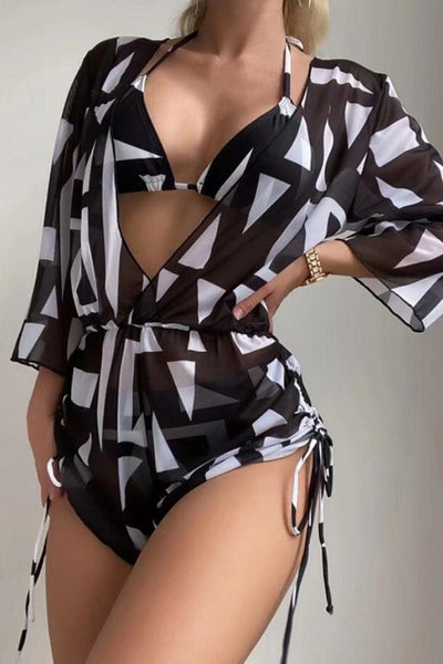 Sexy 3pc Black White Geometric Print Bikini With Coverup - AMIClubwear