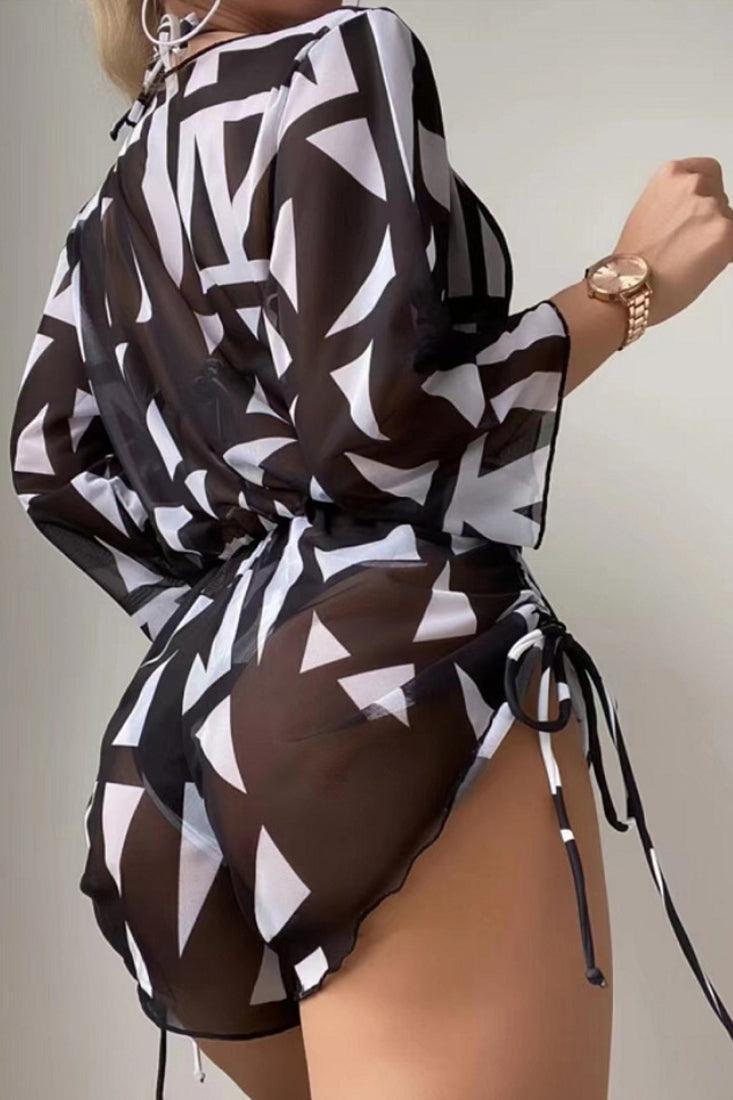 Sexy 3pc Black White Geometric Print Bikini With Coverup - AMIClubwear