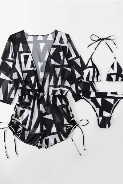 Sexy 3pc Black White Geometric Print Bikini With Coverup - AMIClubwear