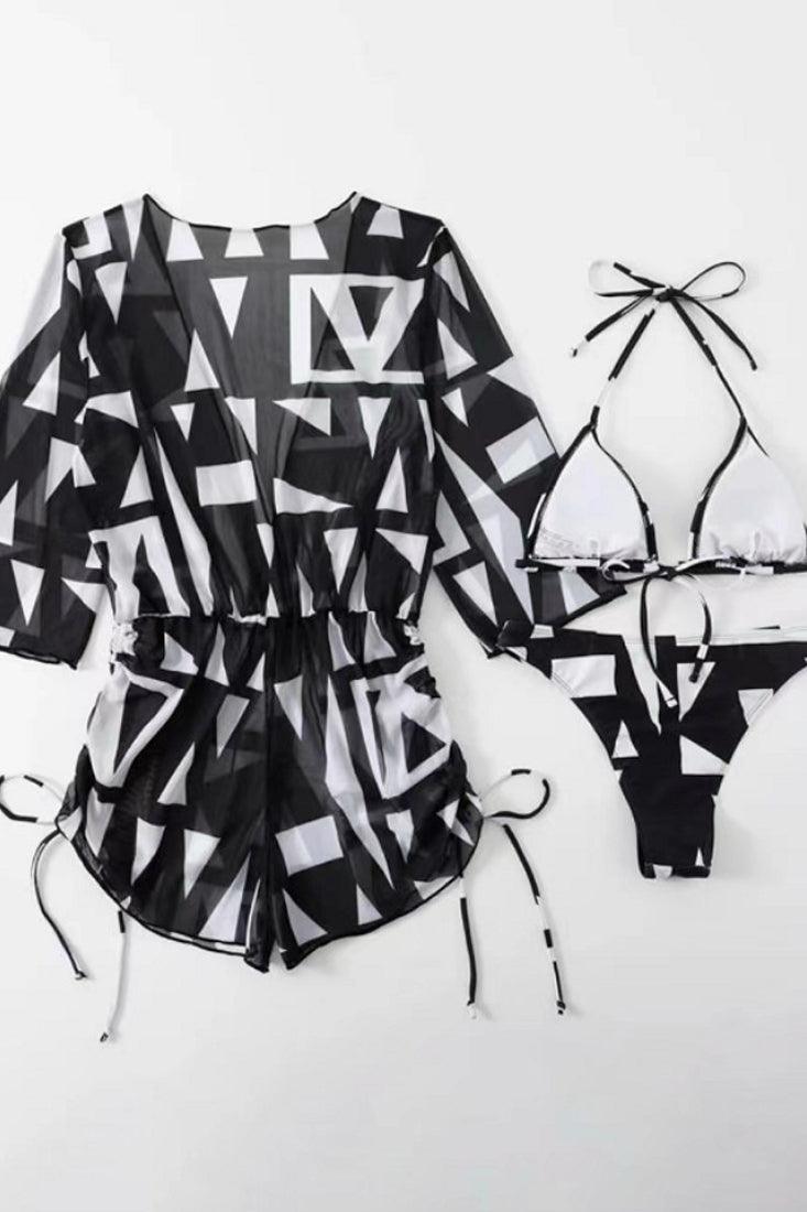 Sexy 3pc Black White Geometric Print Bikini With Coverup - AMIClubwear