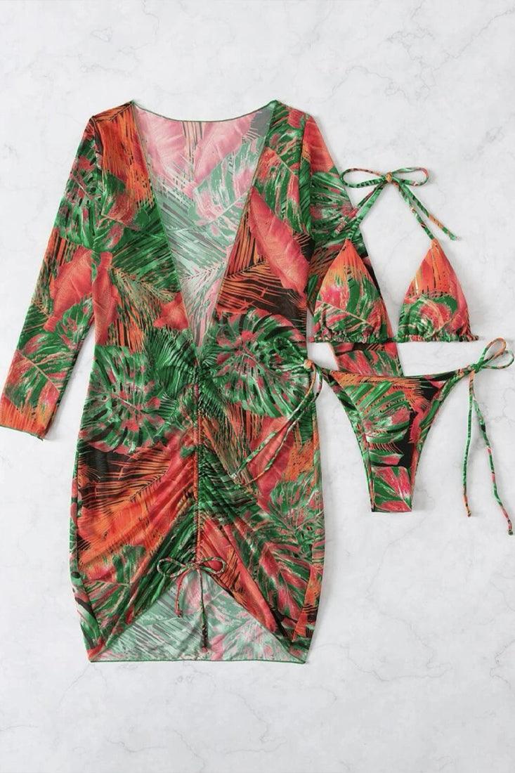 Sexy 3pc Cheeky Green Tropical Leaf Print Bikini With Coverup - AMIClubwear