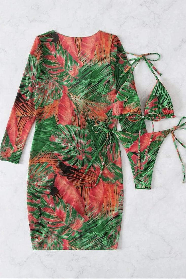 Sexy 3pc Cheeky Green Tropical Leaf Print Bikini With Coverup - AMIClubwear