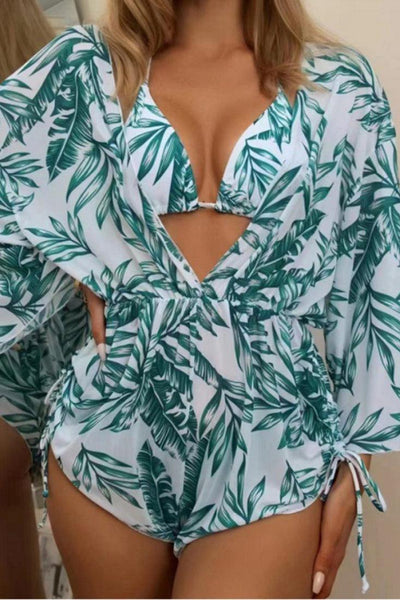 Sexy 3pc Green White Tropical Print Bikini With Coverup - AMIClubwear