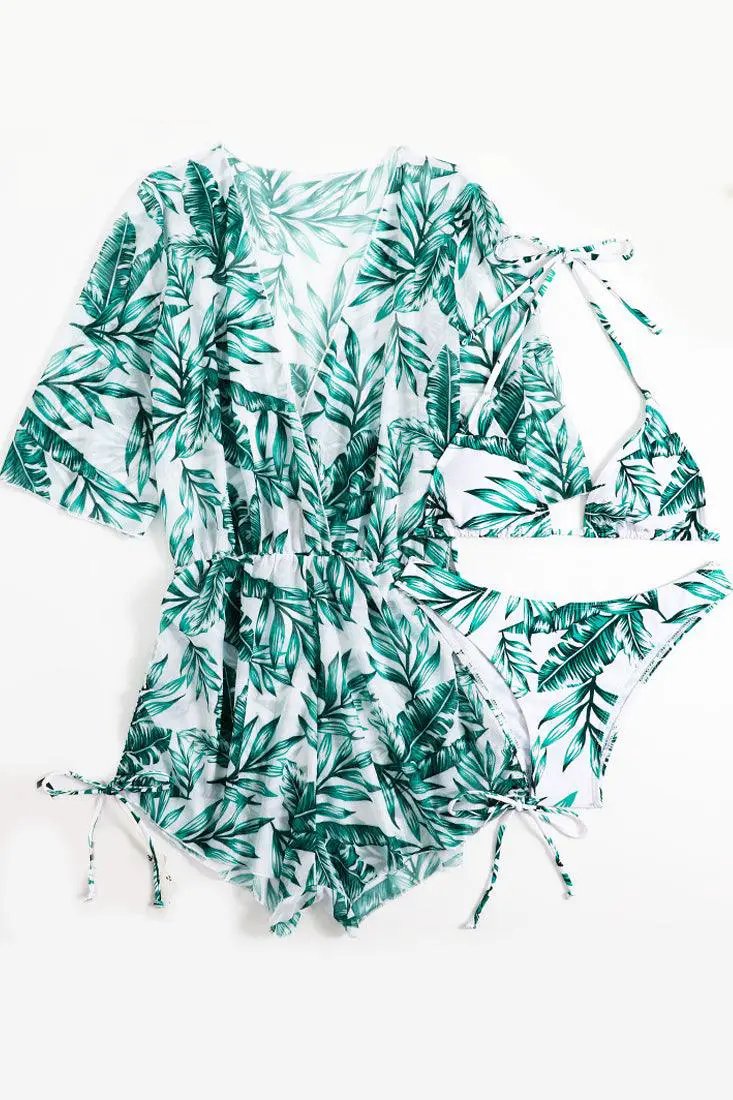 Sexy 3pc Green White Tropical Print Bikini With Coverup
