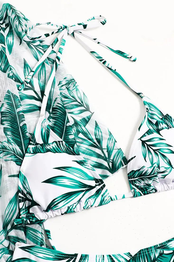 Sexy 3pc Green White Tropical Print Bikini With Coverup