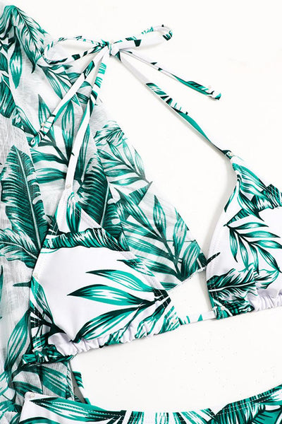 Sexy 3pc Green White Tropical Print Bikini With Coverup - AMIClubwear