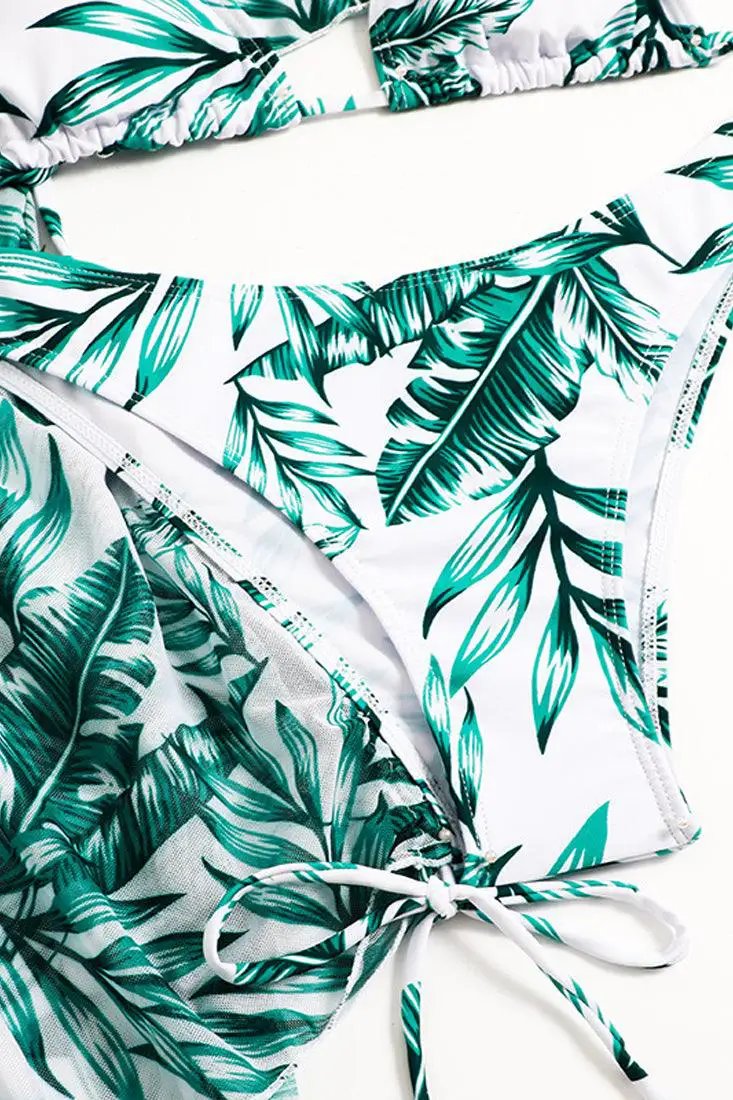 Sexy 3pc Green White Tropical Print Bikini With Coverup