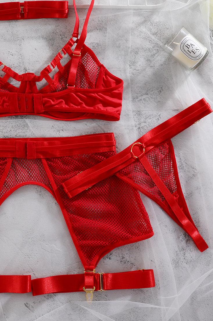 Sexy 3pcs Red Mesh Netted Lingerie Set - AMIClubwear