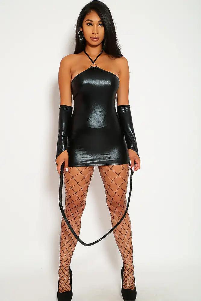 Sexy 4 Piece Black Halter Patent Versatile Costume - AMIClubwear
