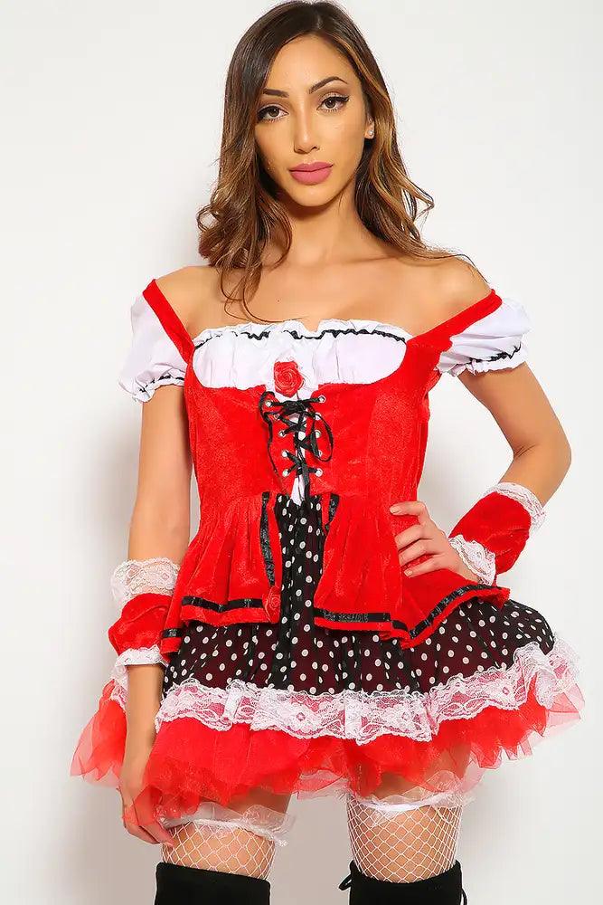 Sexy 4Pc Red White Racy Red Riding Hood Costume - AMIClubwear