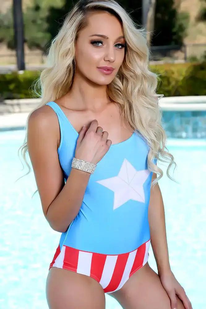 Sexy America Flag Print Two Tone Designed One Piece Swimsuit