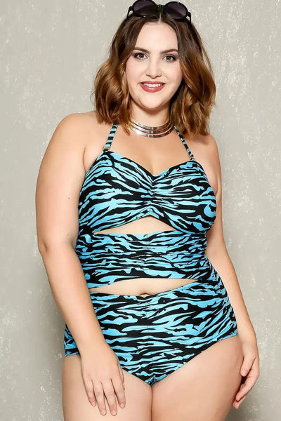 Sexy Aqua Black Print Pattern Padded Plus Size One Piece Swimsuit - AMIClubwear