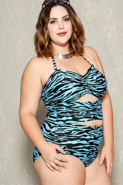 Sexy Aqua Black Print Pattern Padded Plus Size One Piece Swimsuit - AMIClubwear