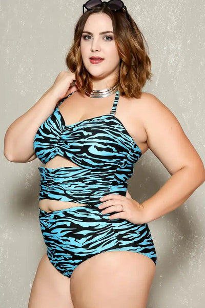 Sexy Aqua Black Print Pattern Padded Plus Size One Piece Swimsuit - AMIClubwear