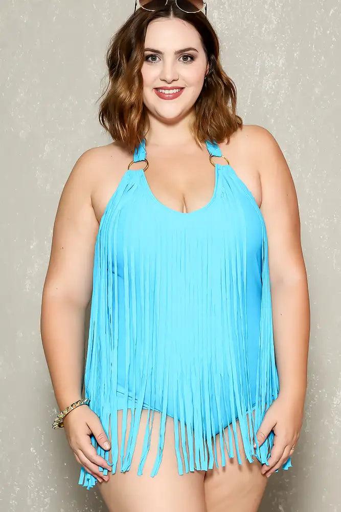 Sexy Aqua Fringe Accent Sexy Plus Size Bikini - AMIClubwear