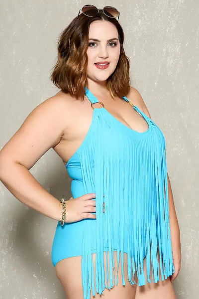 Sexy Aqua Fringe Accent Sexy Plus Size Bikini - AMIClubwear