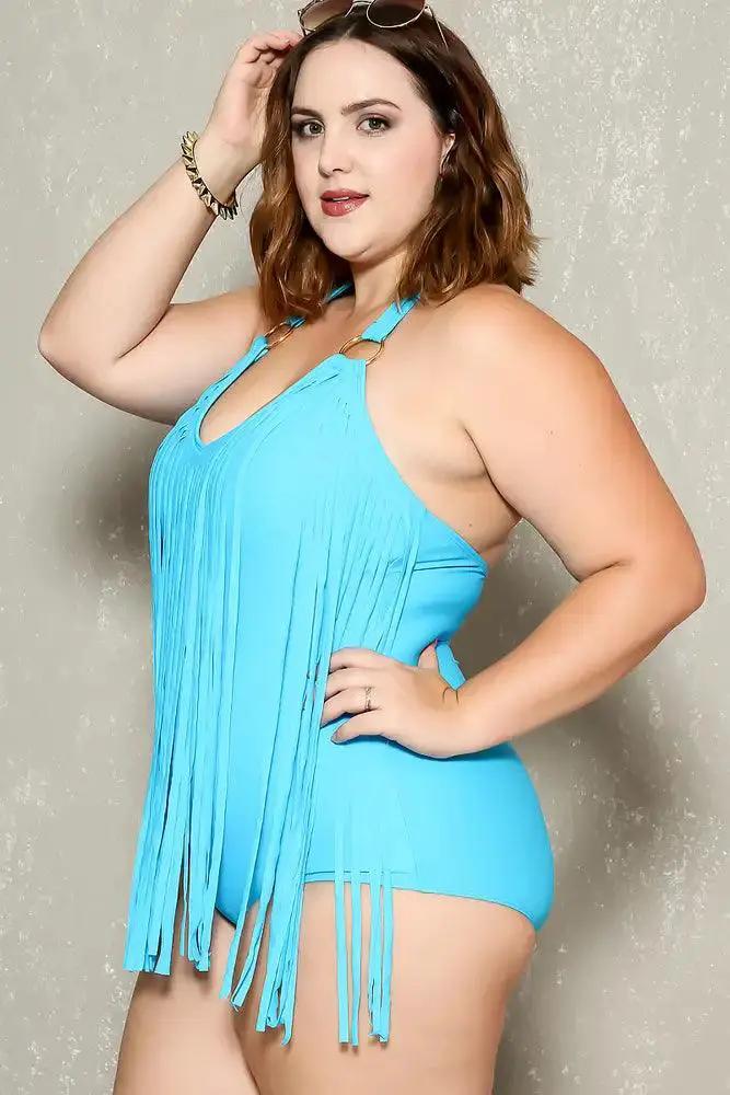 Sexy Aqua Fringe Accent Sexy Plus Size Bikini