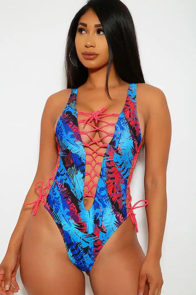 Sexy Aqua Fuschia Printed Lace Up Cheeky One Piece Swimsuit - AMIClubwear