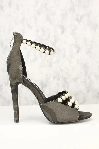 Sexy Army Open Toe Faux Pearl Ankle Strap Single Sole High Heels - AMIClubwear