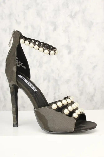 Sexy Army Open Toe Faux Pearl Ankle Strap Single Sole High Heels - AMIClubwear