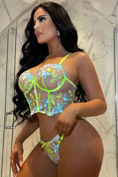 Sexy Baby Blue Lime Mesh 2pc Lingerie Set - AMIClubwear