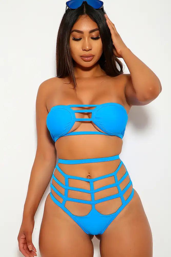 Sexy Bahama Blue Bandeau Strappy High Waist Two Piece Swimsuit - AMIClubwear