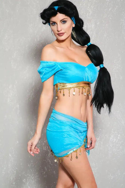 Sexy Bahama Blue Detailed Off The Shoulder Three Piece Princess Costume - AMIClubwear