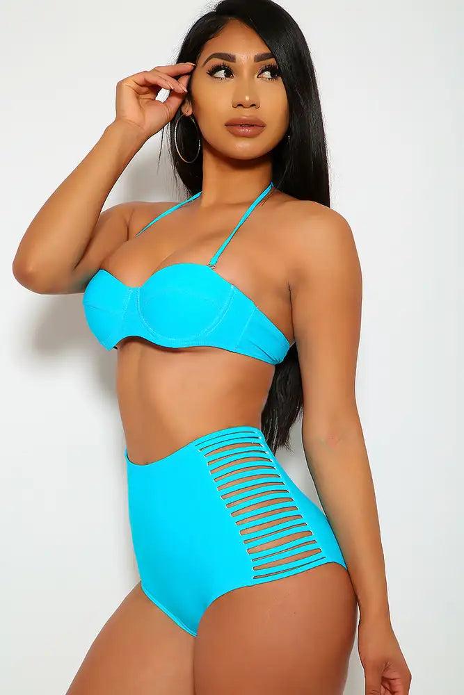 Sexy Bahama Blue Push Up Halter Top Strappy Bottom Two Piece Swimsuit - AMIClubwear