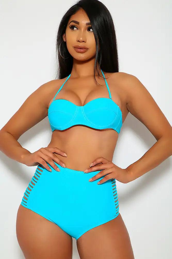 Sexy Bahama Blue Push Up Halter Top Strappy Bottom Two Piece Swimsuit - AMIClubwear
