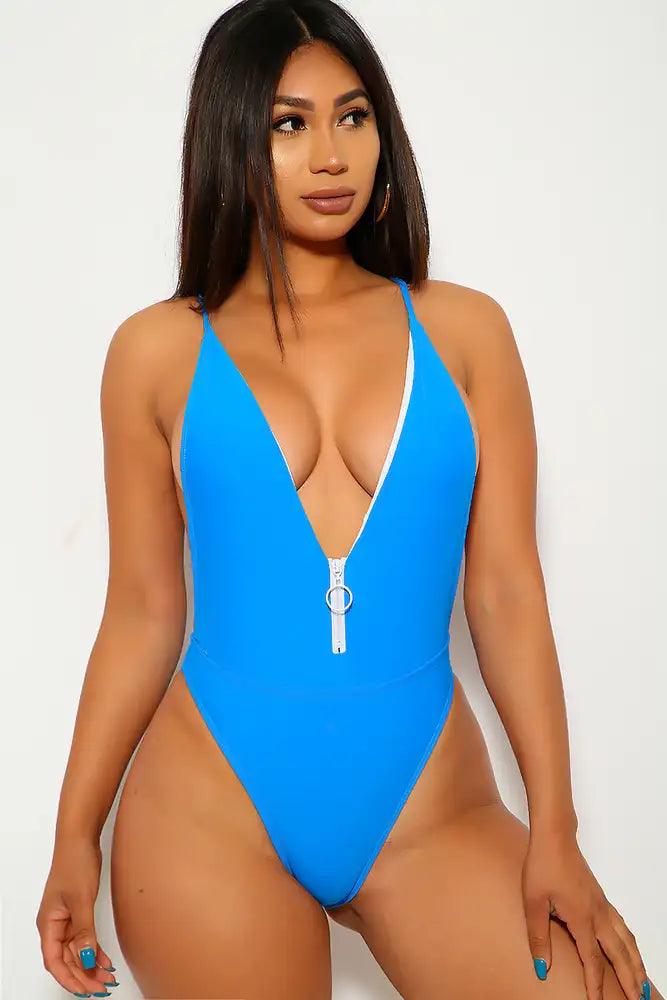 Sexy Bahama Blue V-Cut One Piece Swimsuit - AMIClubwear
