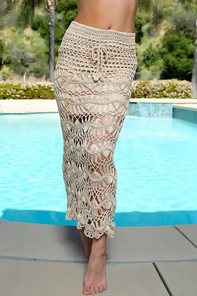 Sexy Beige Crochet High Waist Maxi Skirt Swimsuit Cover Up - AMIClubwear