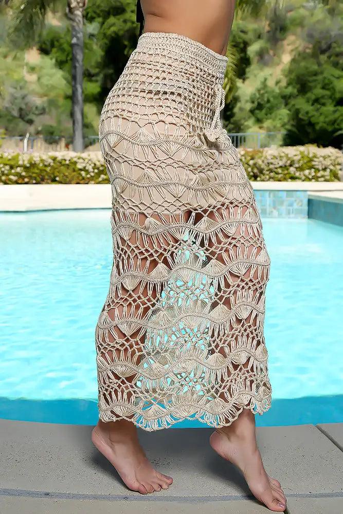 Sexy Beige Crochet High Waist Maxi Skirt Swimsuit Cover Up - AMIClubwear