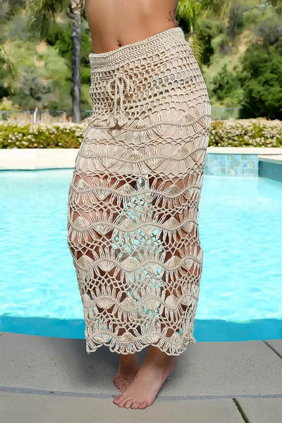 Sexy Beige Crochet High Waist Maxi Skirt Swimsuit Cover Up - AMIClubwear