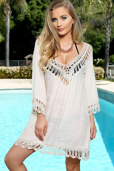 Sexy Beige Embroidered Crochet Sheer Long Sleeve Swimsuit Cover Up - AMIClubwear