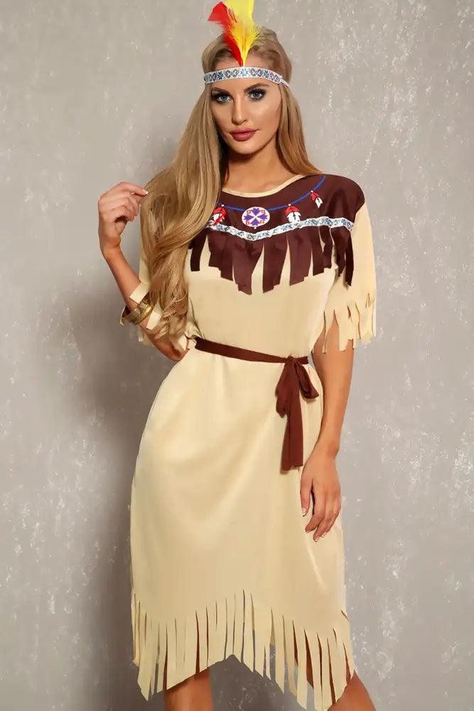 Sexy Beige Fringe Detail Indian 3 Piece Costume - AMIClubwear